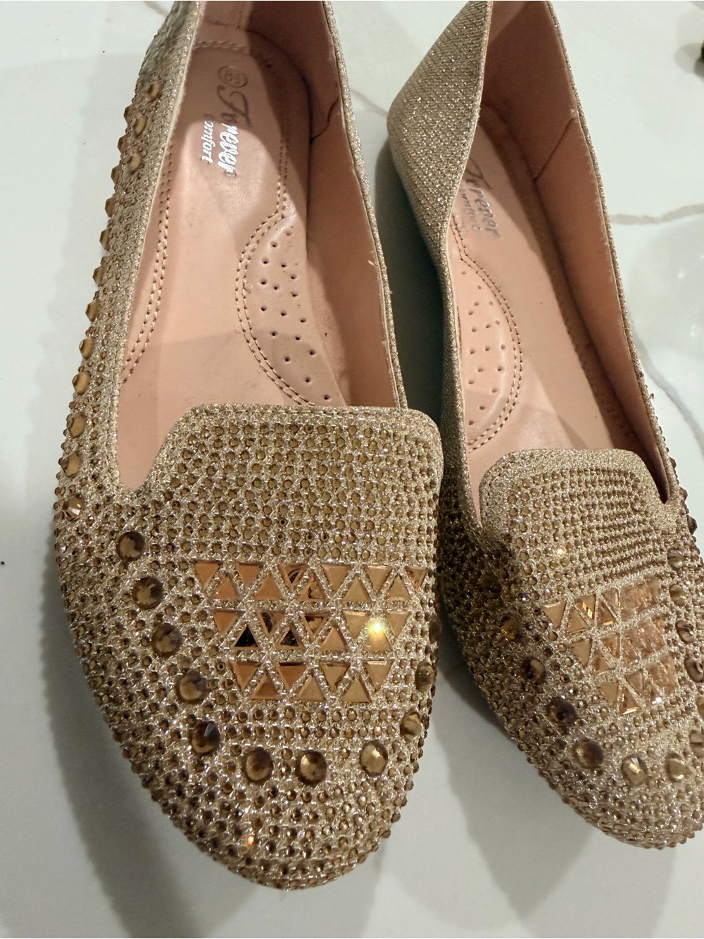 Women's Gold Embellished Loafers - Sparkle Slip-On Flats